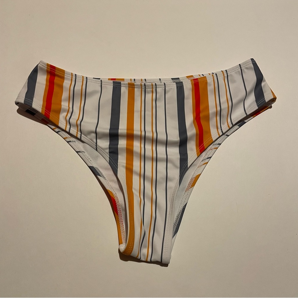 White, orange, blue, and red striped high waisted bikini bottoms from Shein